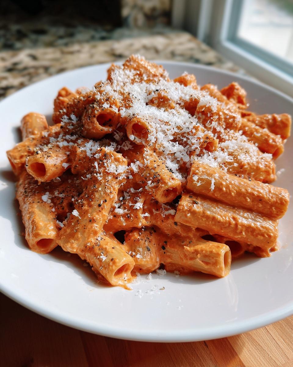 Close-up of rigatoni pasta coated in creamy pink sauce pasta, topped with grated parmesan and black pepper.