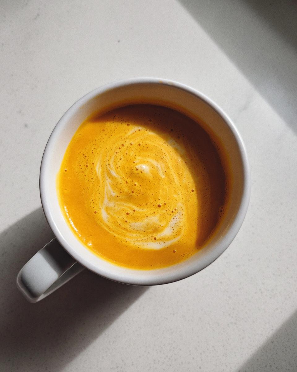 Overhead view of creamy, bright orange pumpkin soup swirled with cream in a white mug.