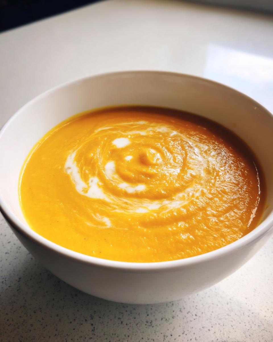 A close-up of a white bowl filled with vibrant orange pumpkin soup, swirled with cream.