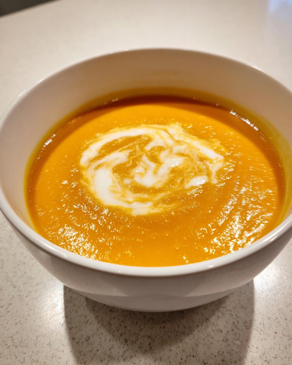 Close-up of a white bowl filled with vibrant orange pumpkin soup, swirled with cream on top.