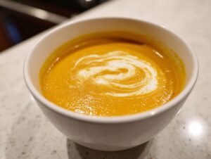 Close-up of a bowl of vibrant orange pumpkin soup, garnished with a swirl of cream.