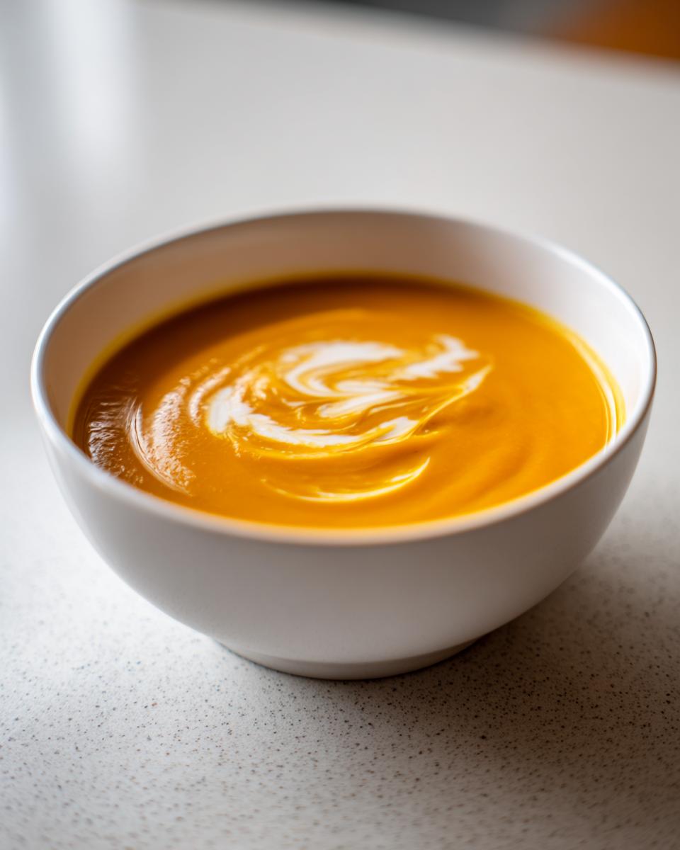 A close-up of a white bowl filled with vibrant orange pumpkin soup, swirled with cream.