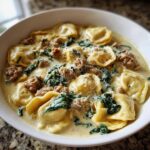A close-up of a bowl of creamy ravioli soup featuring tortellini, crumbled sausage, wilted spinach, and grated Parmesan cheese.