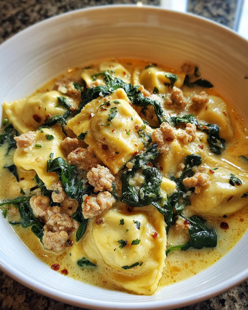 Close-up of creamy ravioli soup featuring cheese ravioli, crumbled sausage, and wilted spinach in a savory broth.