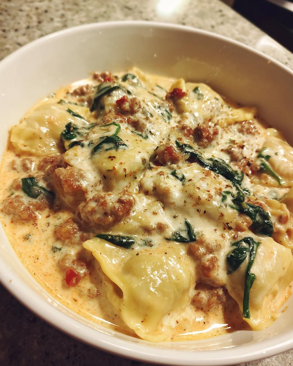 Close-up of a bowl of creamy ravioli soup featuring cheese ravioli, sausage crumbles, and wilted spinach.