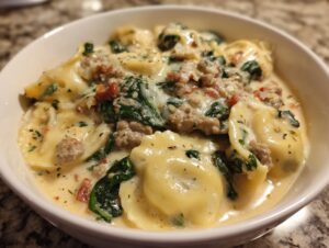 Close-up of a bowl of creamy ravioli soup featuring cheese tortellini, sausage, and spinach.