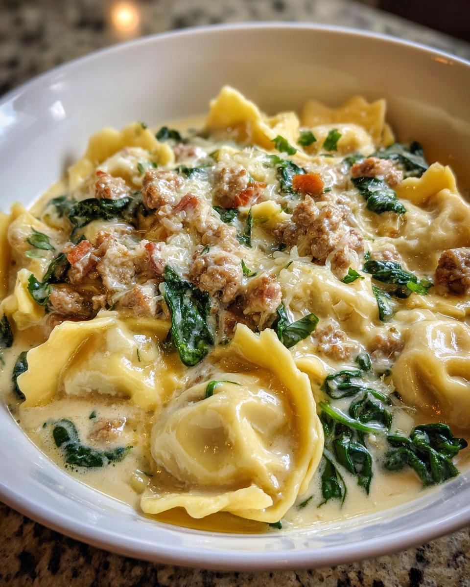 Close-up of a bowl of creamy ravioli soup featuring cheese ravioli, crumbled sausage, wilted spinach, and Parmesan.