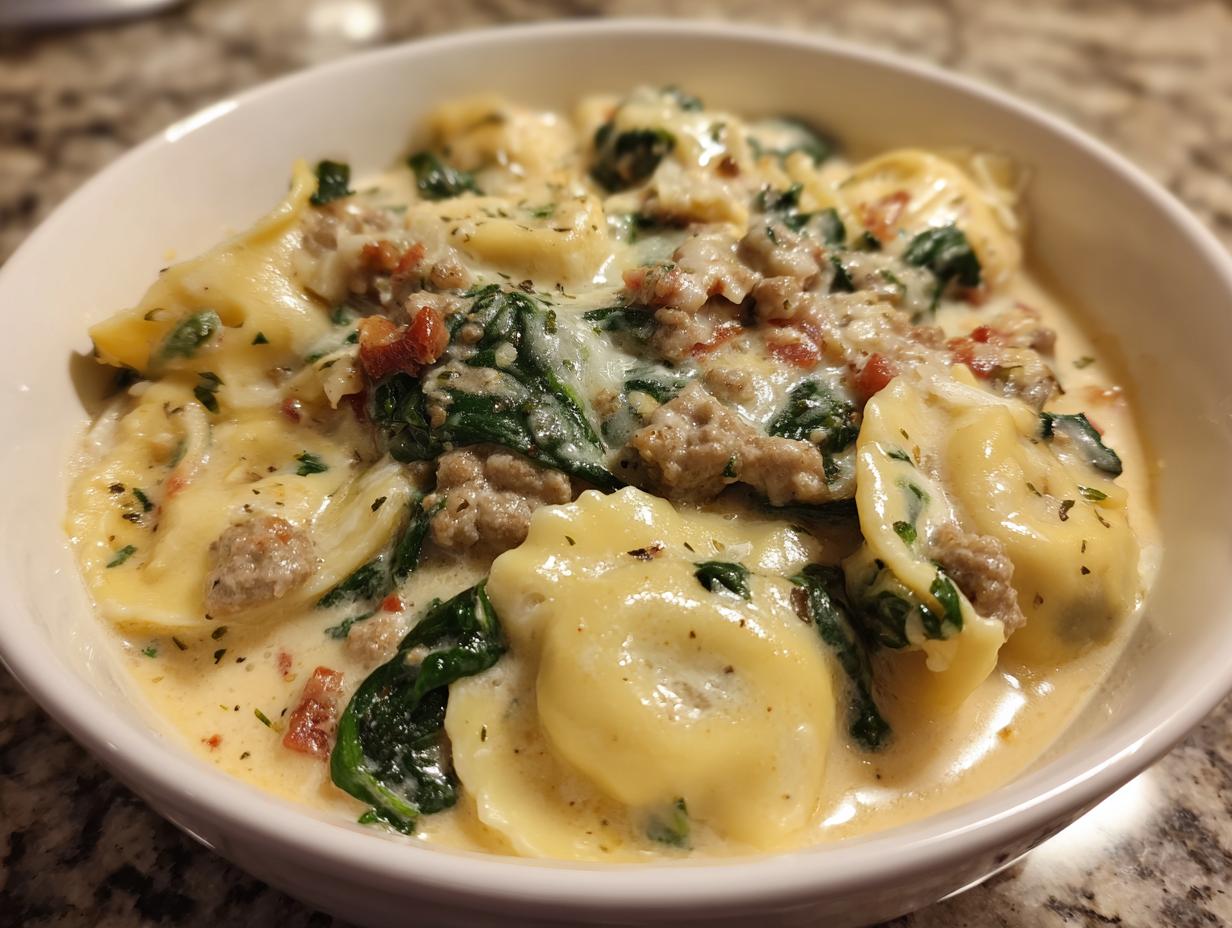 Close-up of a bowl of creamy ravioli soup featuring cheese tortellini, sausage, and spinach.