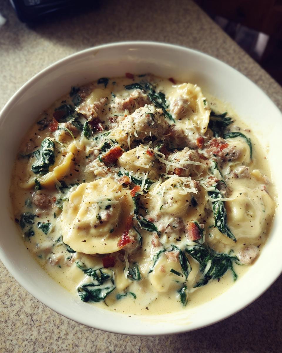 A close-up view of a bowl of creamy ravioli soup featuring spinach, sausage, and bacon bits, topped with grated parmesan.