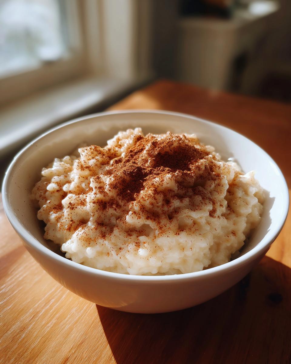 A close-up of creamy rice pudding in a white bowl, generously dusted with cinnamon.