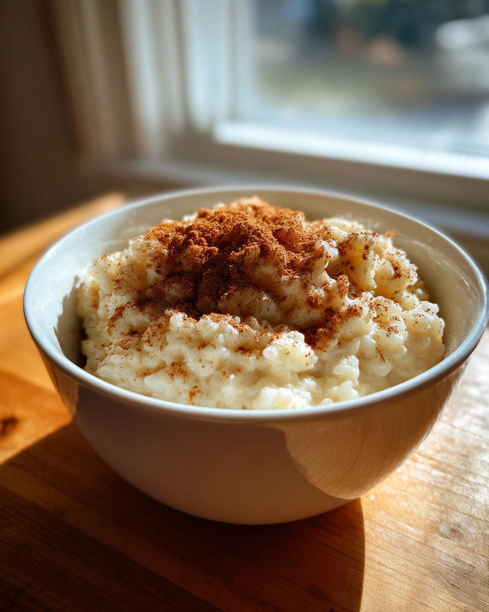 A close-up of a bowl of creamy rice pudding generously topped with ground cinnamon.