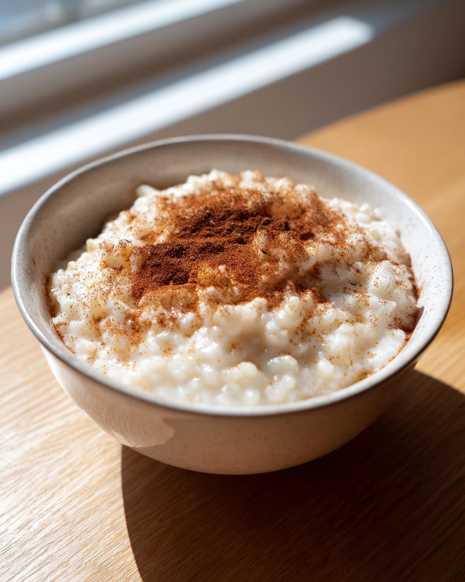 A close-up of creamy rice pudding topped generously with ground cinnamon in a light bowl.