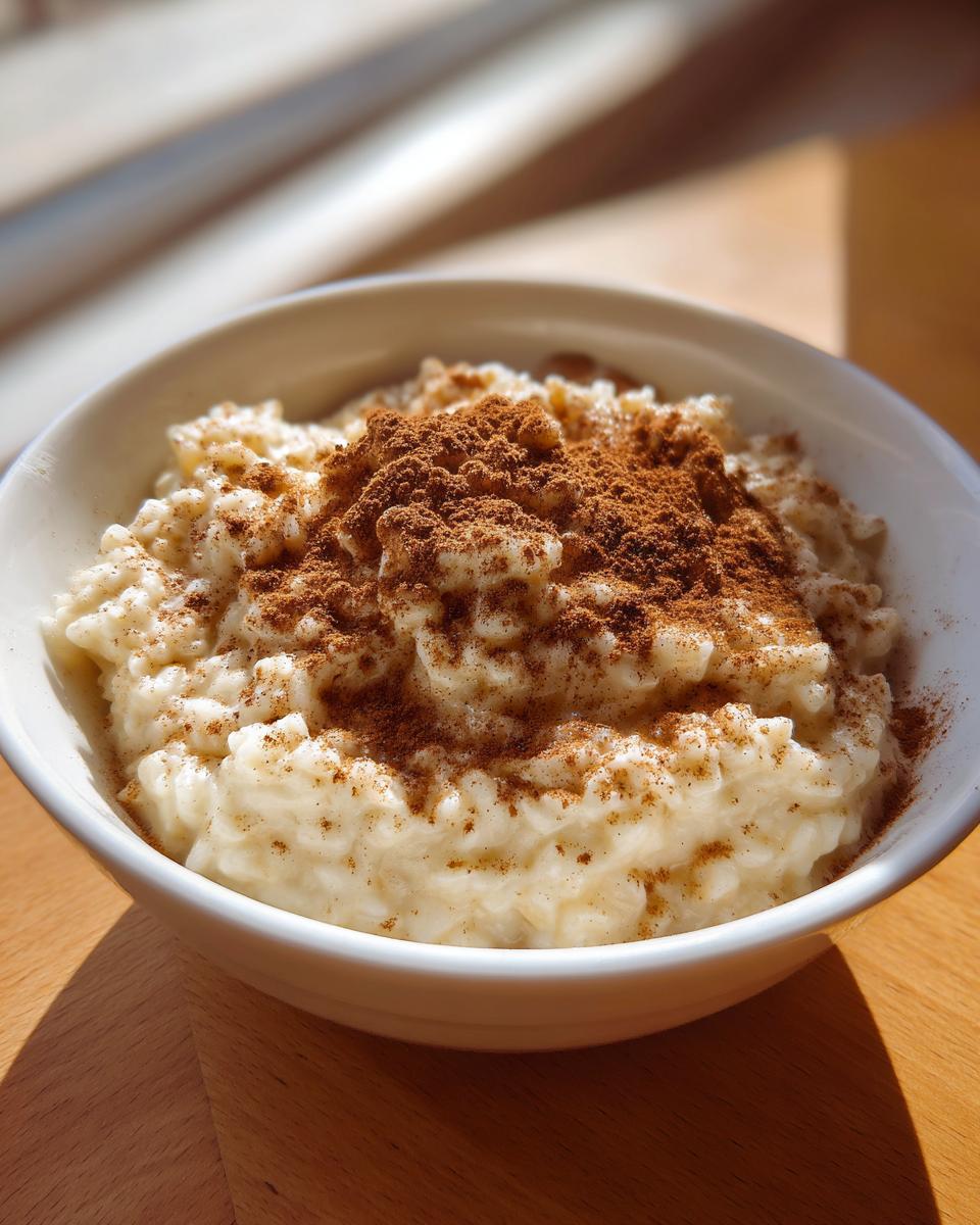 Close-up of creamy rice pudding in a white bowl, generously topped with ground cinnamon.