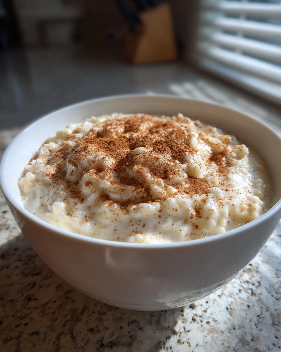 A close-up of a white bowl filled with creamy rice pudding recipe, generously dusted with cinnamon.