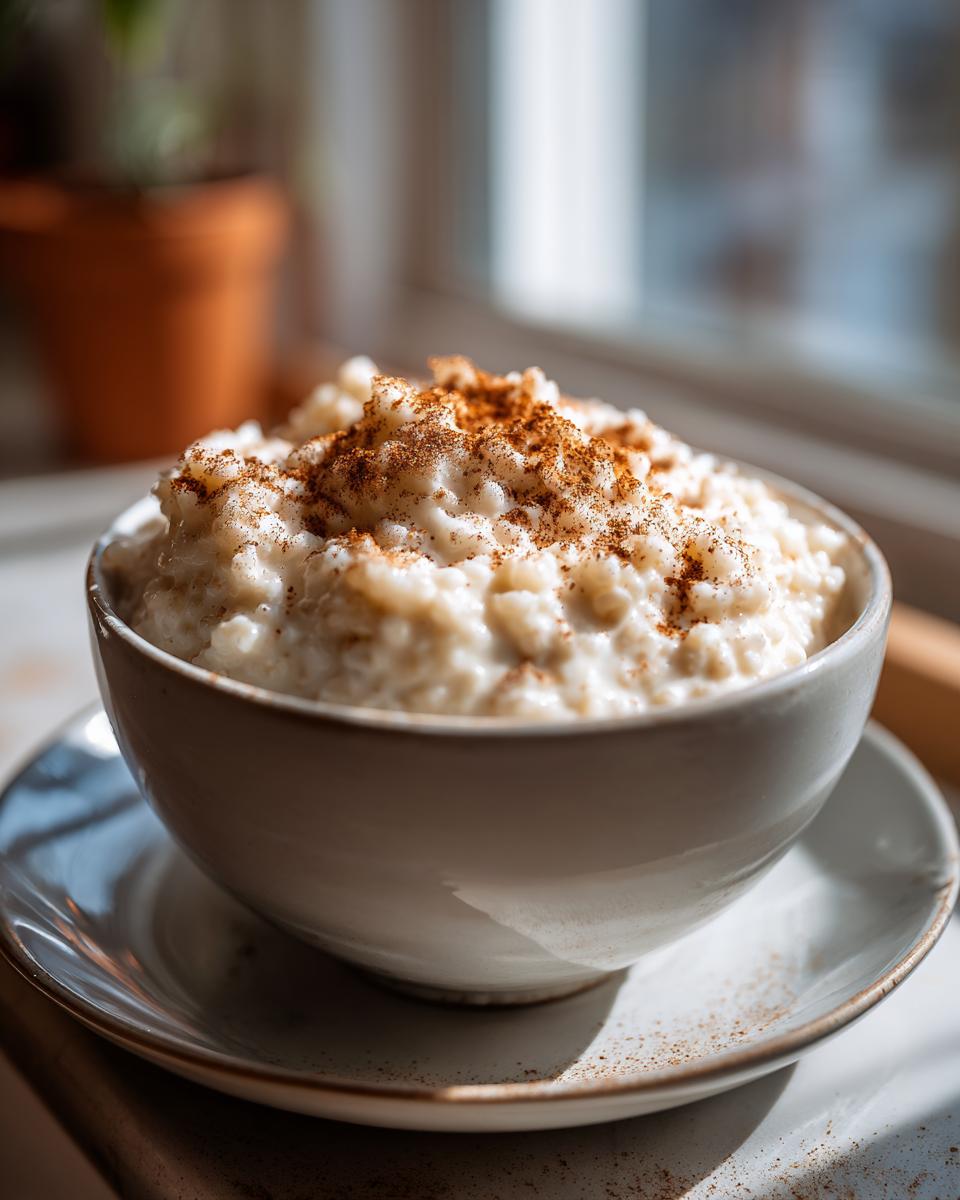 Close-up of a bowl of creamy rice pudding recipe dusted generously with cinnamon spice.