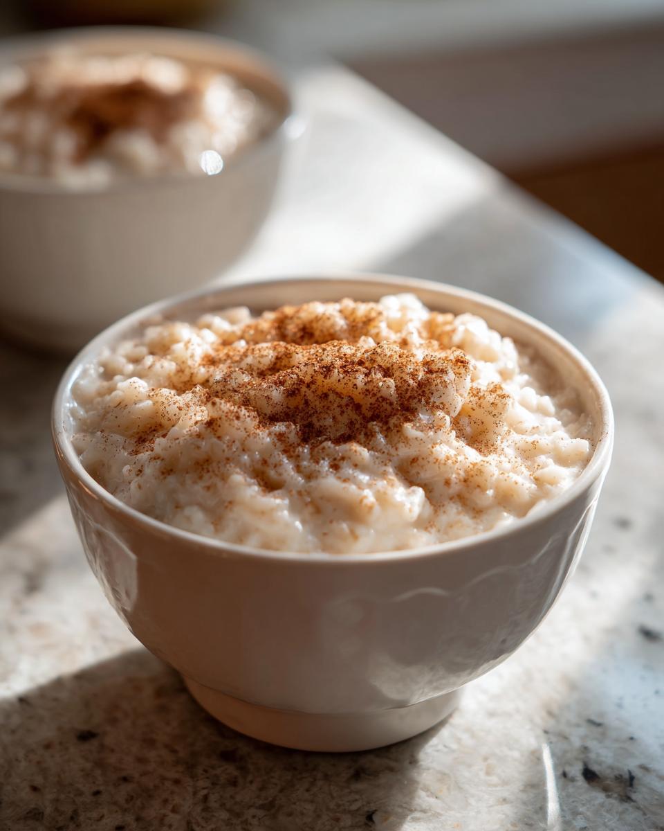 Close-up of a bowl of creamy rice pudding recipe dusted generously with cinnamon.