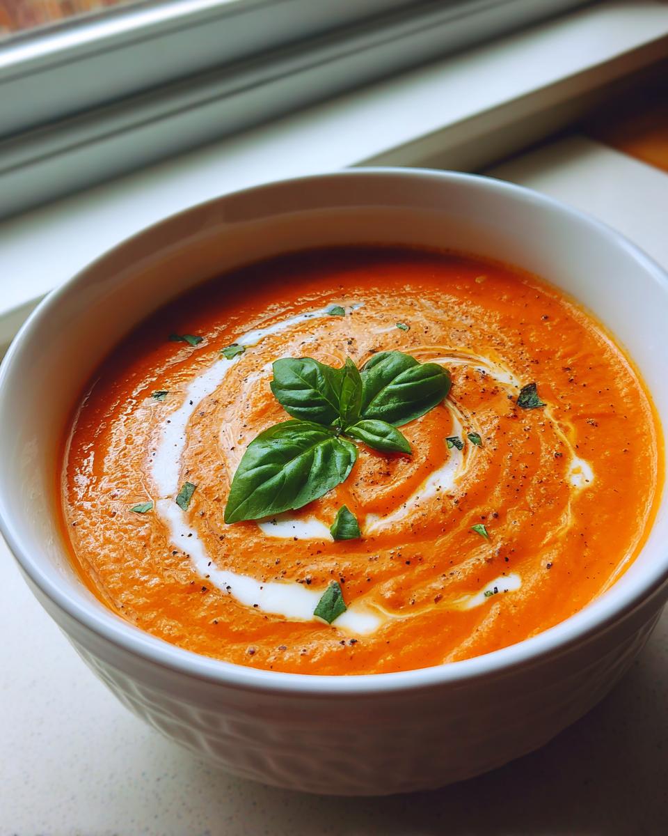 A close-up of vibrant orange roasted tomato soup in a white bowl, swirled with cream and topped with fresh basil.