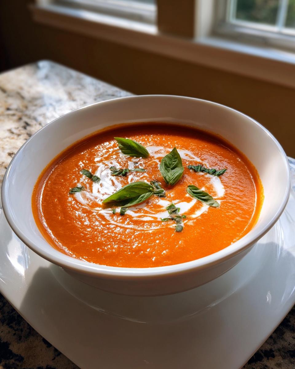 A vibrant bowl of creamy roasted tomato soup, swirled with cream and topped with fresh basil leaves.
