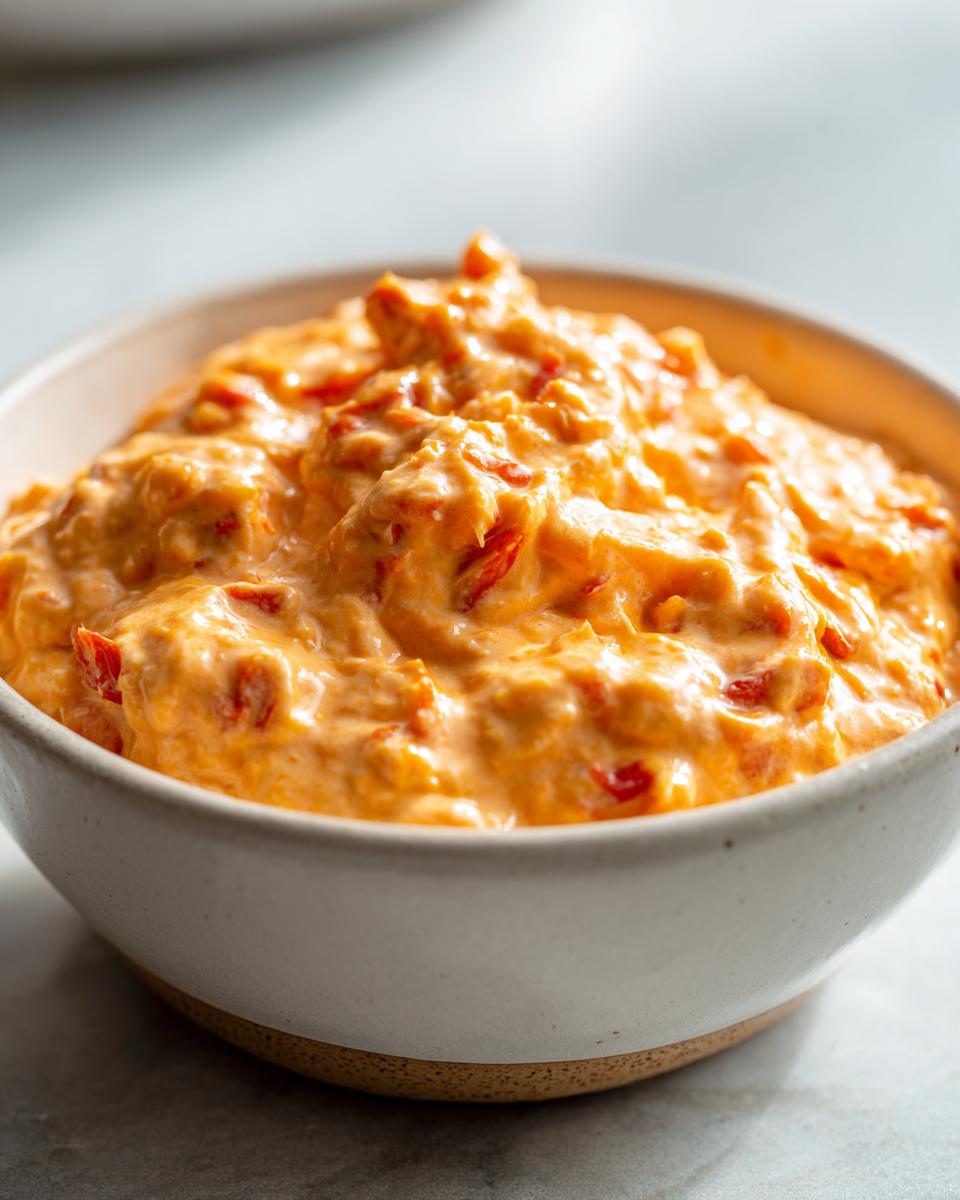 Close-up of a creamy, orange rotel dip with visible red pepper pieces served in a rustic white bowl.