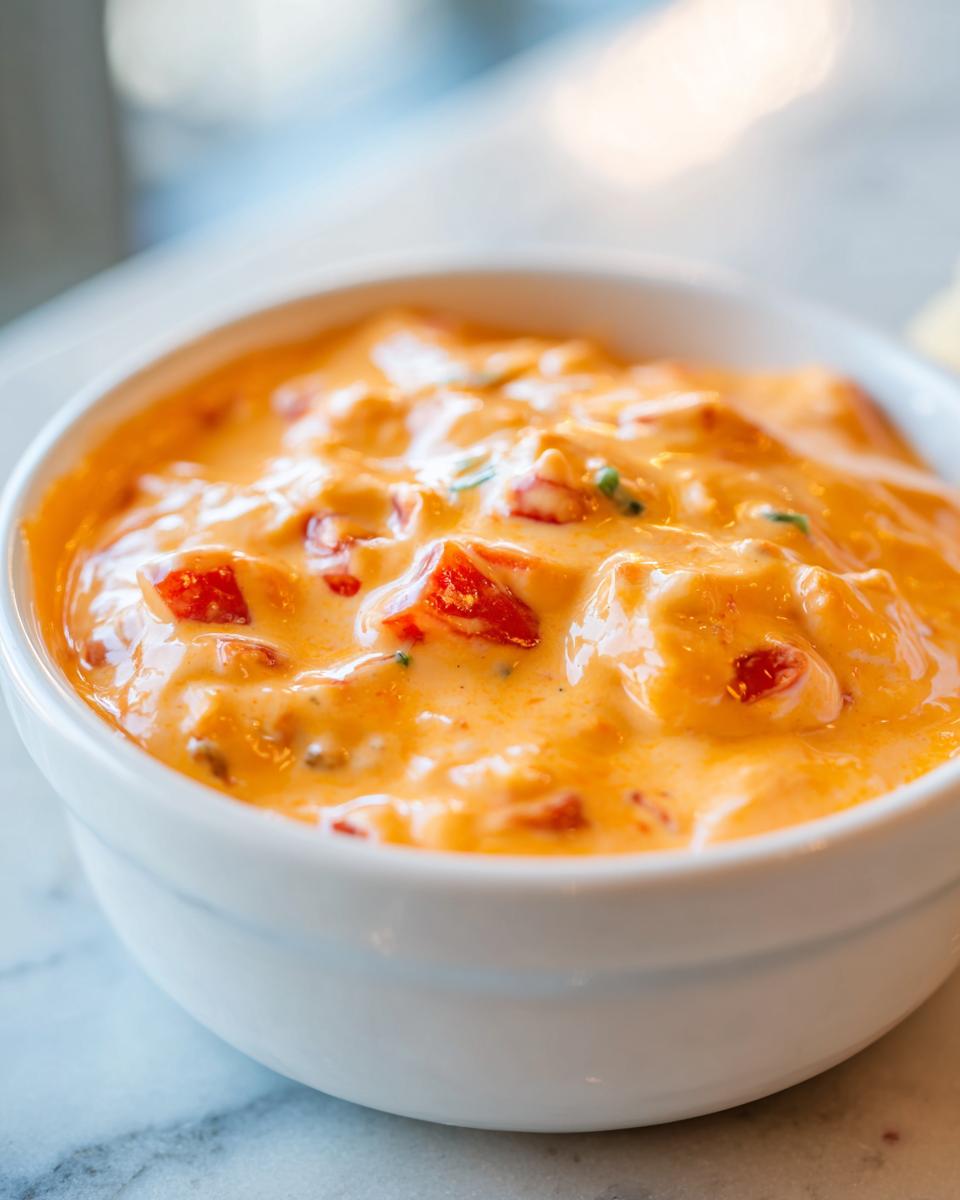 A close-up shot of warm, creamy rotel dip featuring chunks of red tomatoes and peppers in a white serving bowl.