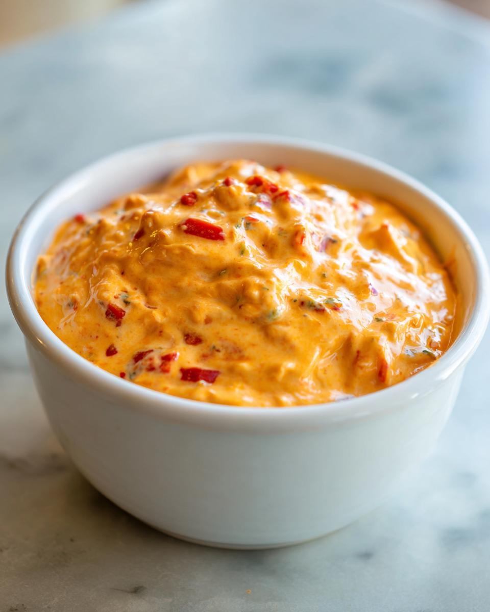 Close-up of a creamy, orange rotel dip with visible red pepper chunks served in a small white bowl.