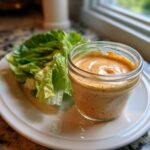 A jar filled with creamy, speckled homemade salad dressing next to fresh lettuce leaves on a white plate.