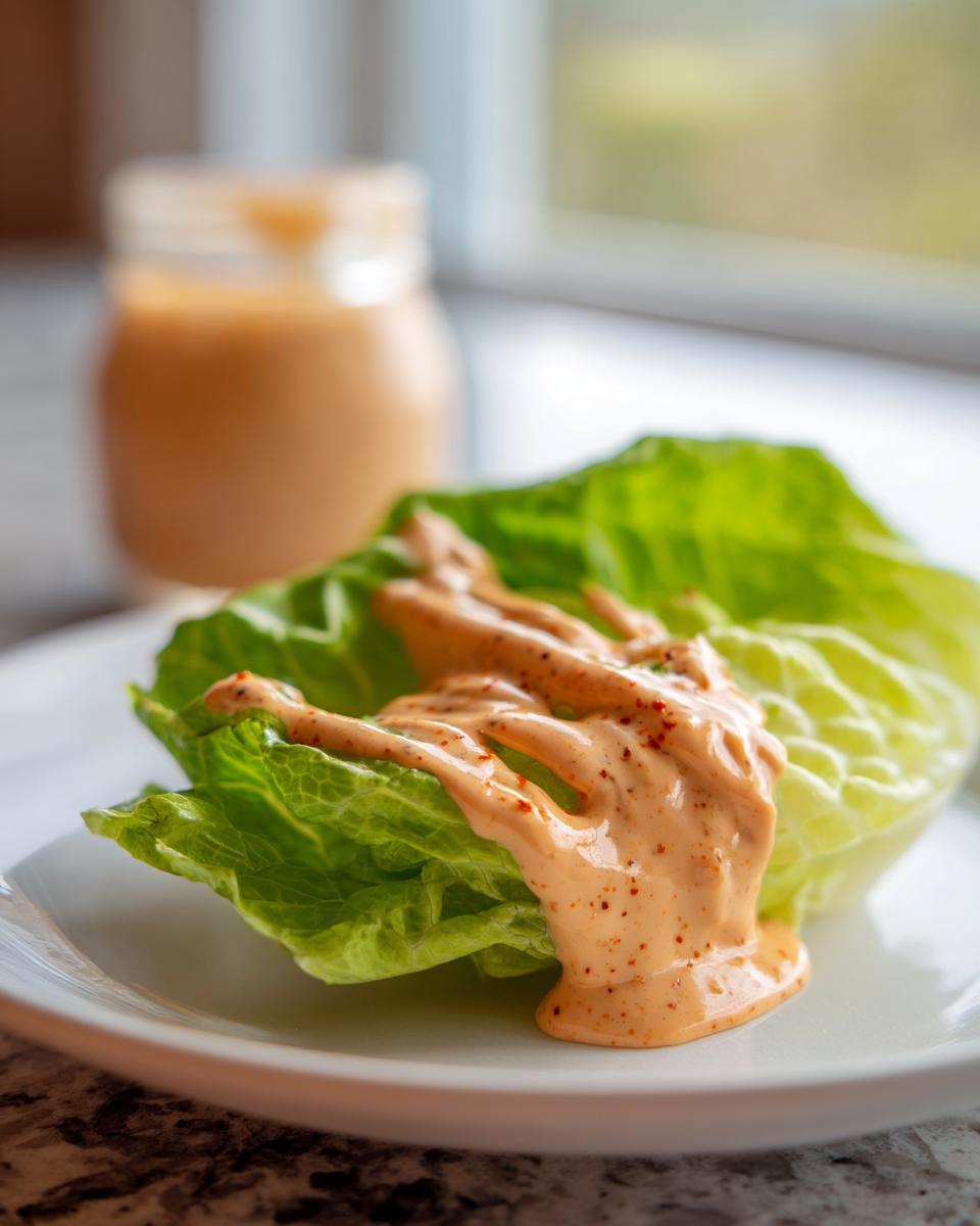 Close-up of creamy, orange-colored salad dressing drizzled over a crisp green lettuce leaf, with a jar in the background.