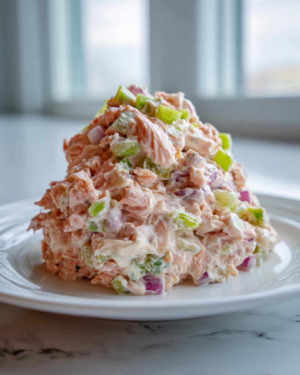 A generous scoop of creamy salmon salad mixed with diced celery and red onion served on a white plate.