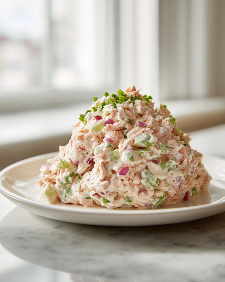 A generous mound of creamy salmon salad mixed with celery and red onion, topped with fresh chives.