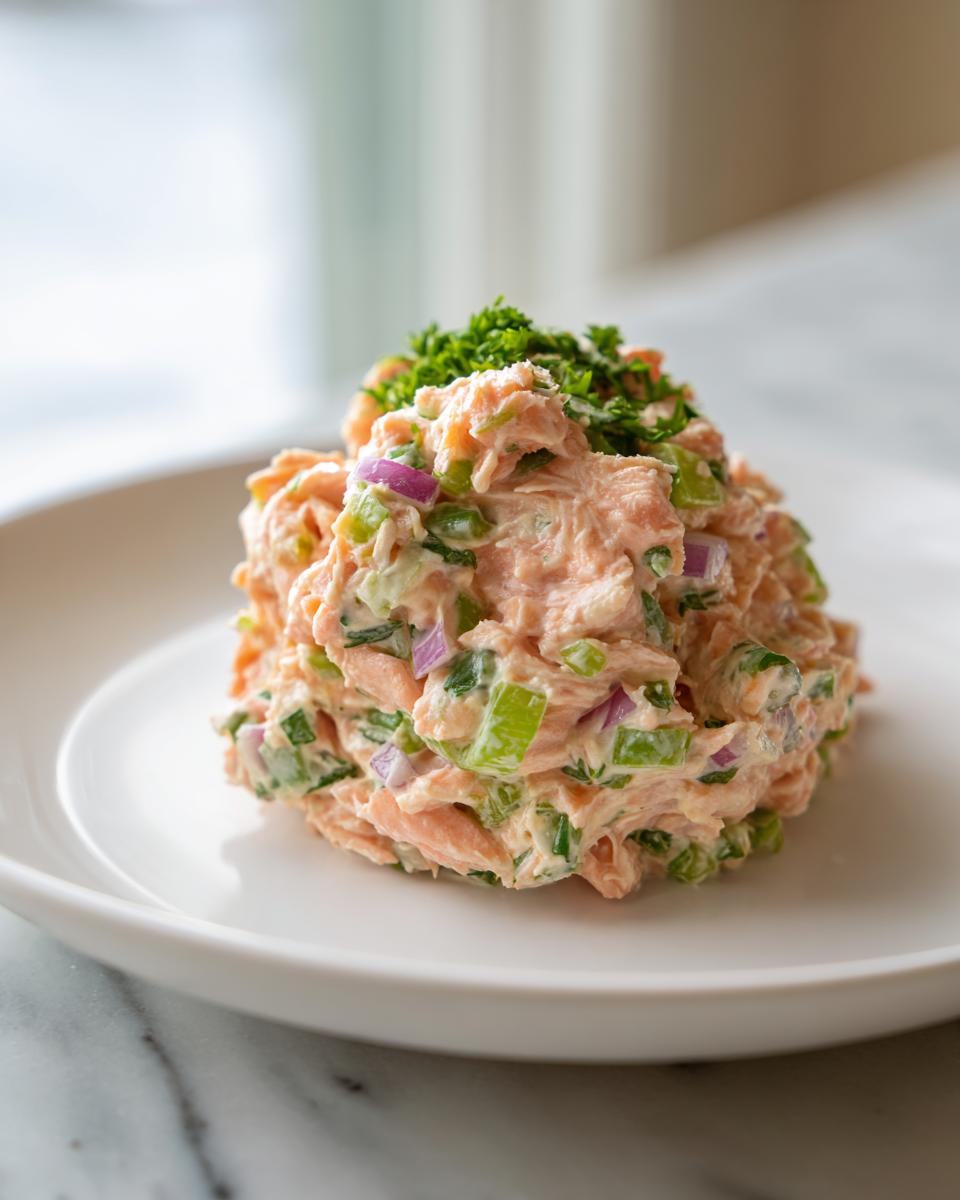A perfectly scooped portion of creamy salmon salad mixed with celery and red onion, topped with parsley.