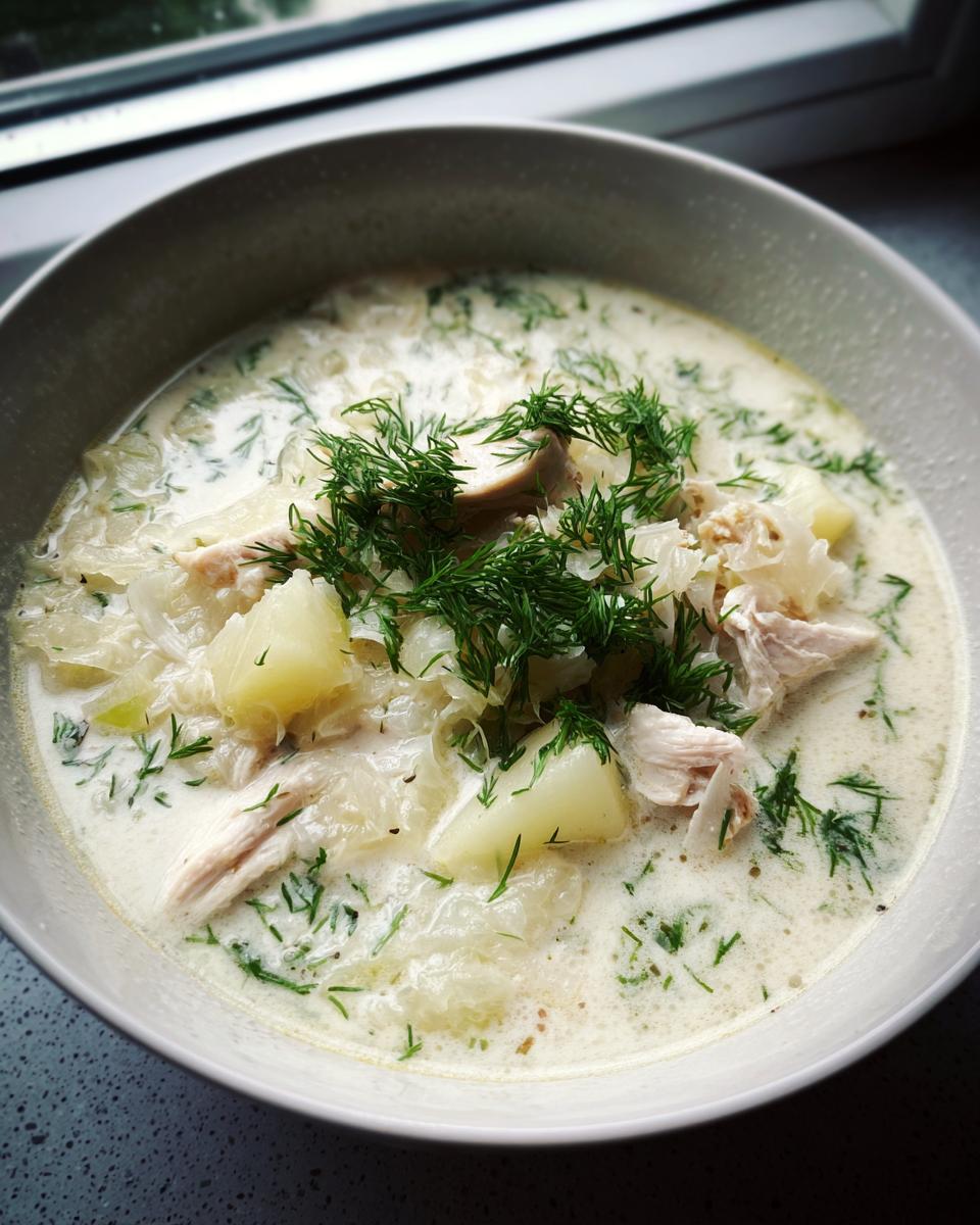 A close-up of a bowl of creamy sauerkraut soup featuring shredded chicken, potato chunks, and fresh dill.