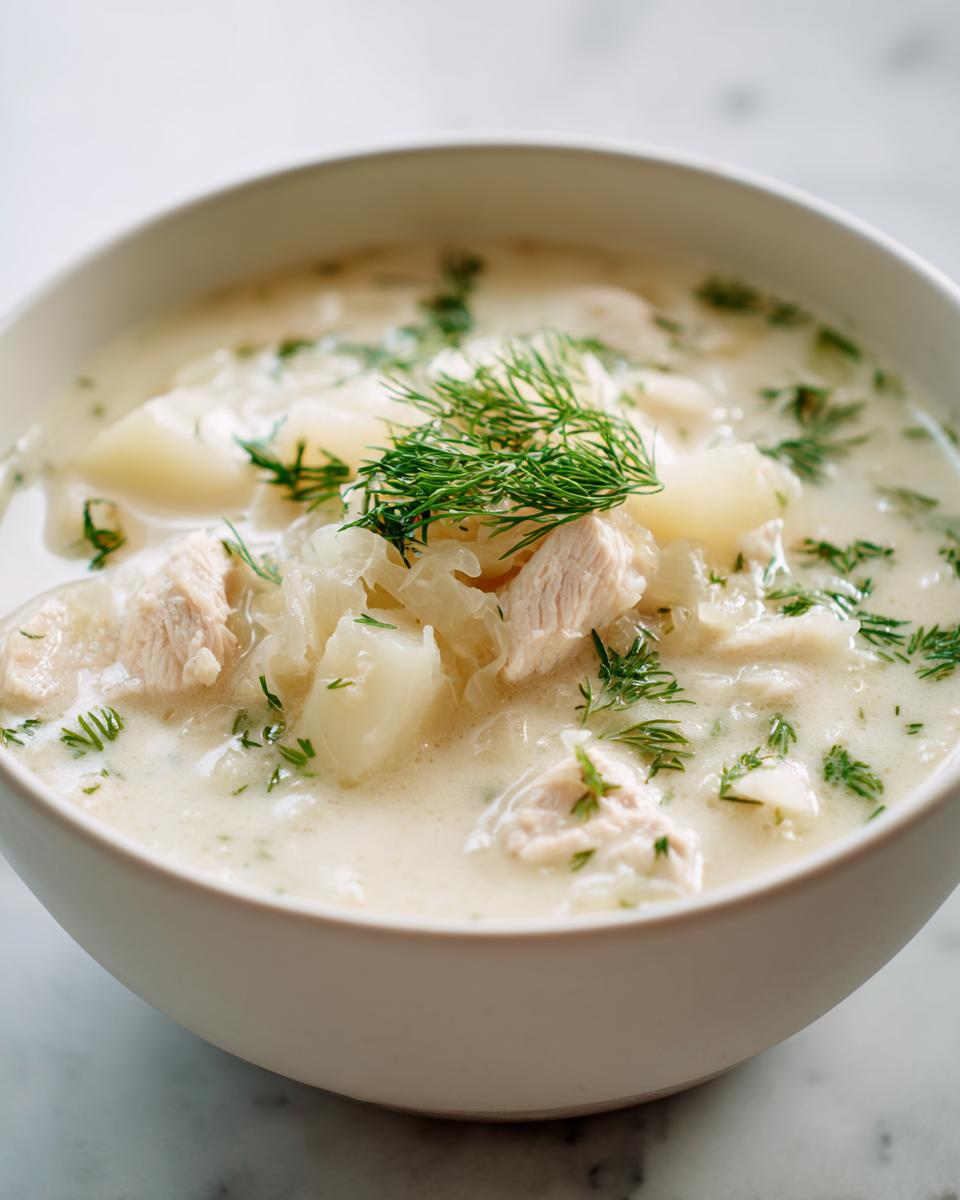 Close-up of a bowl of creamy sauerkraut soup containing chunks of chicken, potatoes, and topped with fresh dill.