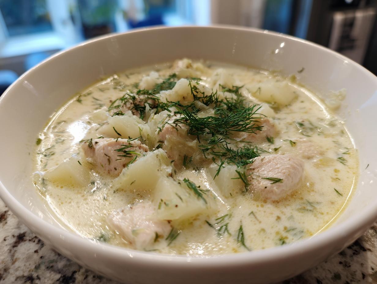 Close-up of a bowl of creamy sauerkraut soup featuring chunks of chicken, potatoes, and fresh dill garnish.