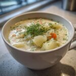 Close-up of a creamy sauerkraut soup bowl filled with potatoes, carrots, and topped with fresh dill.
