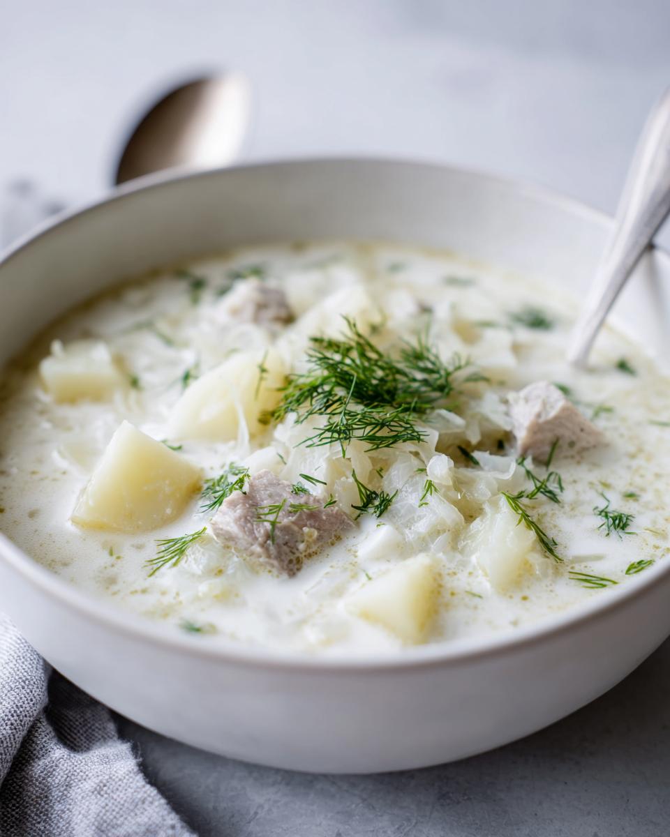 Close-up of a bowl of creamy sauerkraut soup featuring chunks of potato, meat, and fresh dill garnish.