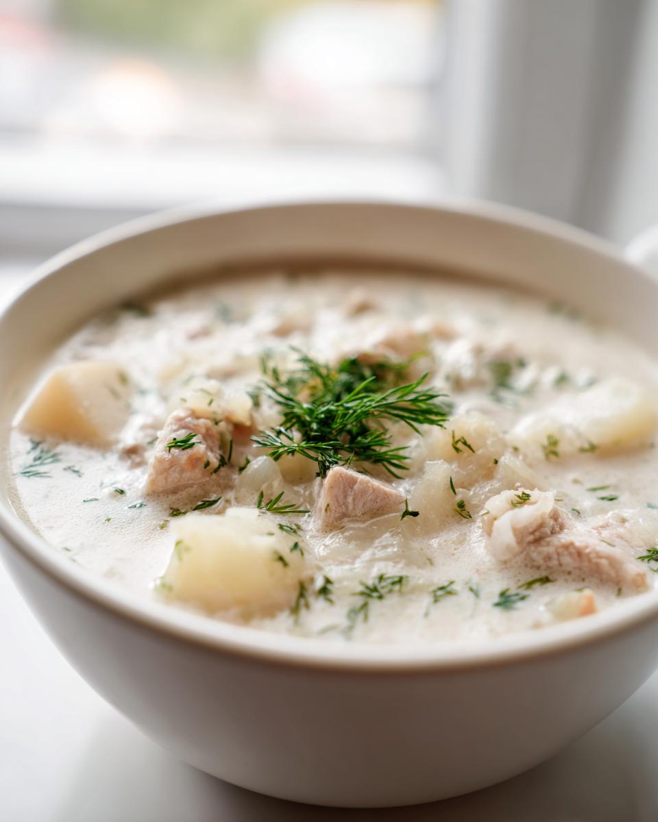 A close-up of a creamy bowl of sauerkraut soup featuring chunks of pork, potatoes, and garnished with fresh dill.