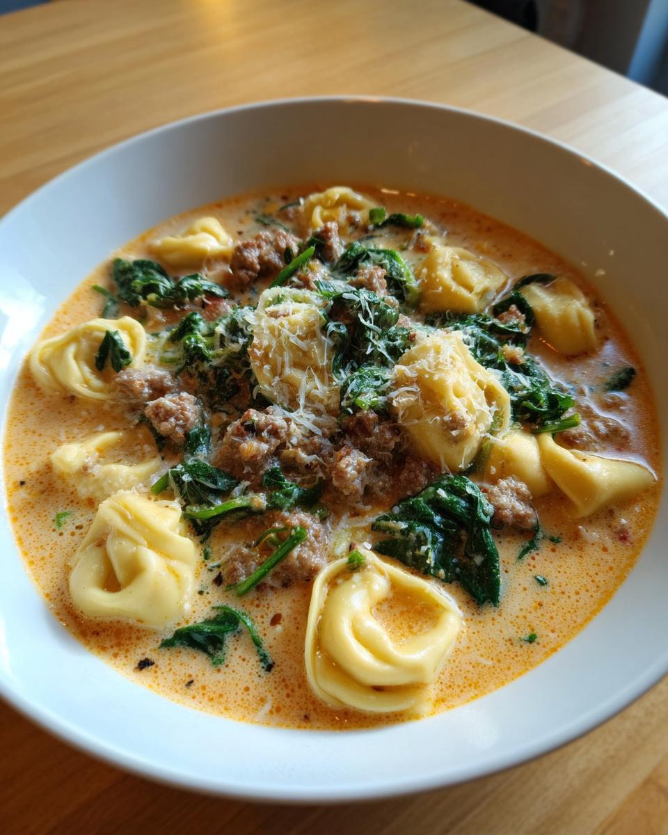 A close-up of a bowl of creamy tortellini soup featuring pasta, crumbled sausage, wilted spinach, and grated Parmesan cheese.