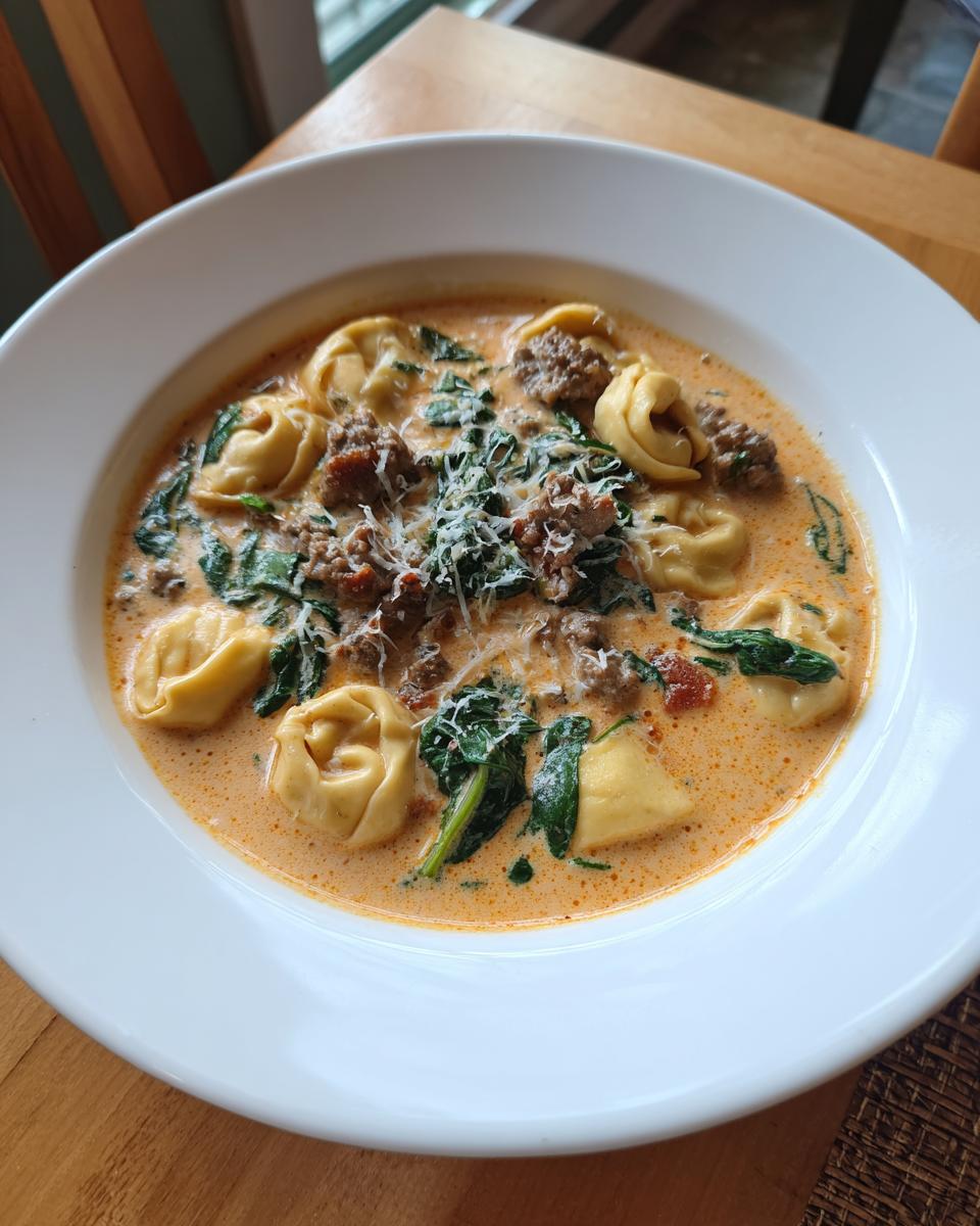 A close-up of a hearty bowl of creamy tortellini soup with sausage, spinach, and grated Parmesan cheese.