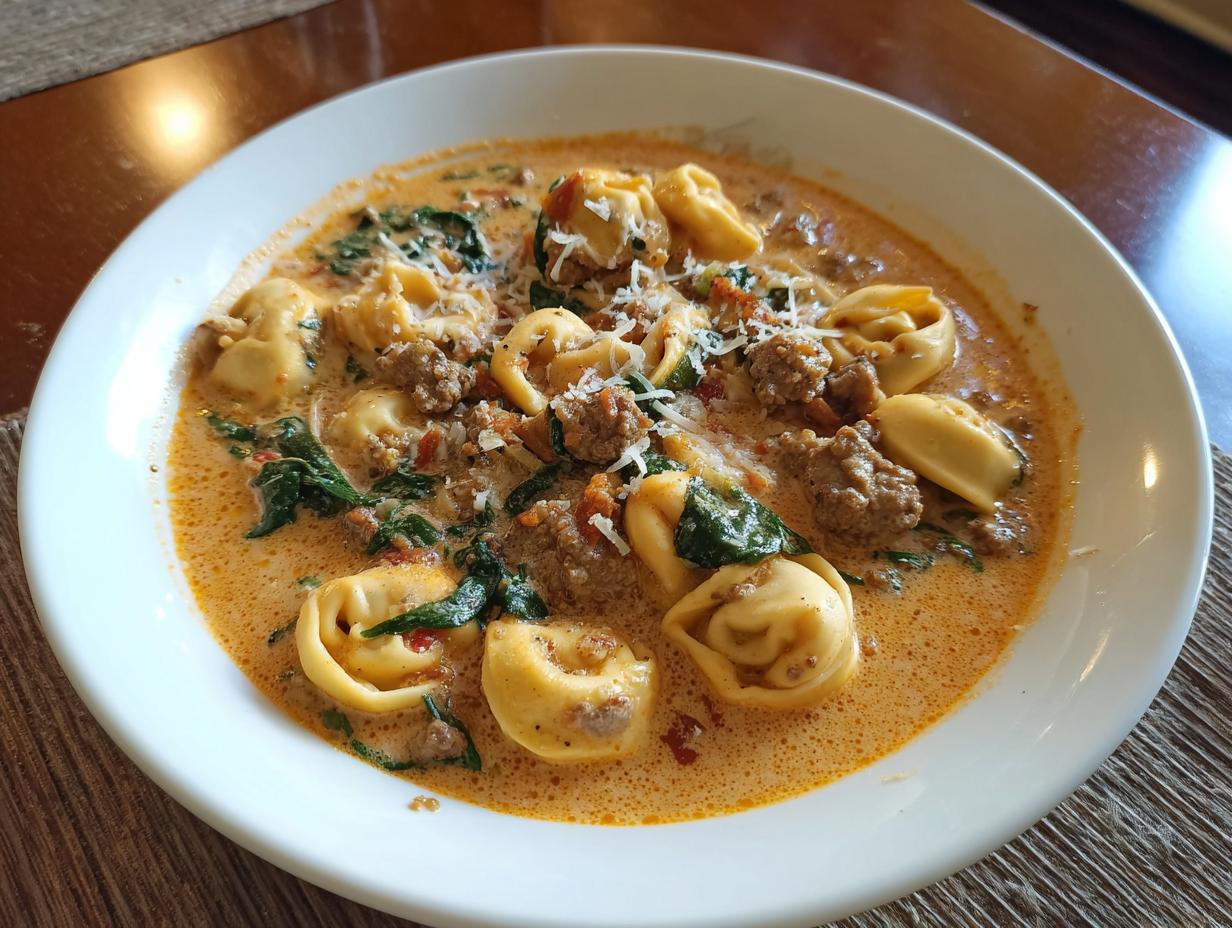 A close-up of a hearty bowl of creamy tortellini soup featuring sausage, spinach, and grated cheese.