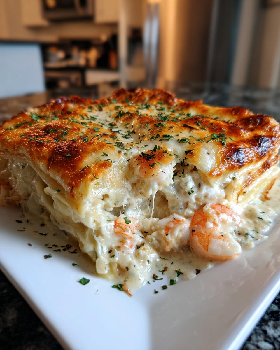 A rich, cheesy slice of seafood lasagna featuring visible shrimp in a creamy white sauce, garnished with parsley.