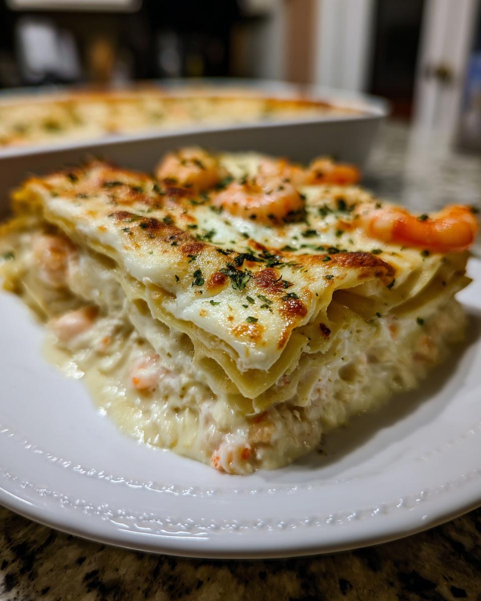 A close-up of a layered slice of seafood lasagna topped with melted cheese and shrimp.