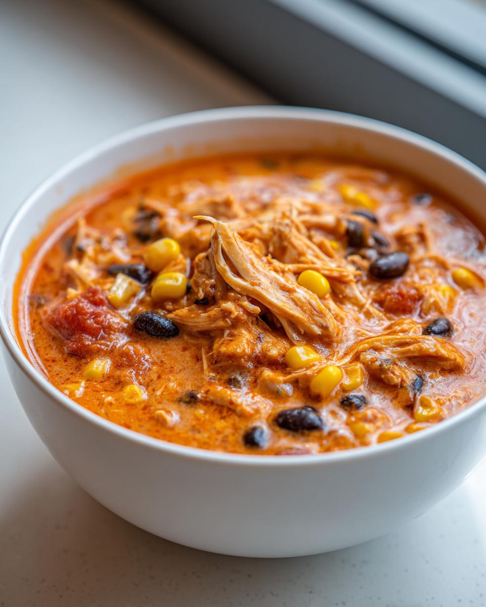 Close-up of creamy, orange-hued slow cooker buffalo chicken chili with shredded chicken, corn, and black beans in a white bowl.