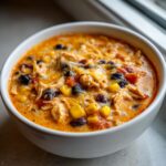 Close-up of a white bowl filled with creamy, orange-hued slow cooker buffalo chicken chili, featuring shredded chicken, corn, and black beans.