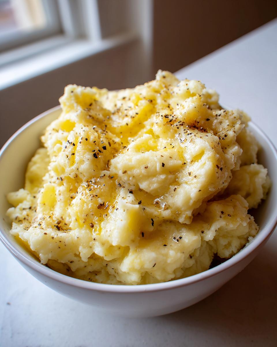 A close-up of creamy slow cooker mashed potatoes topped with melted butter and cracked black pepper.