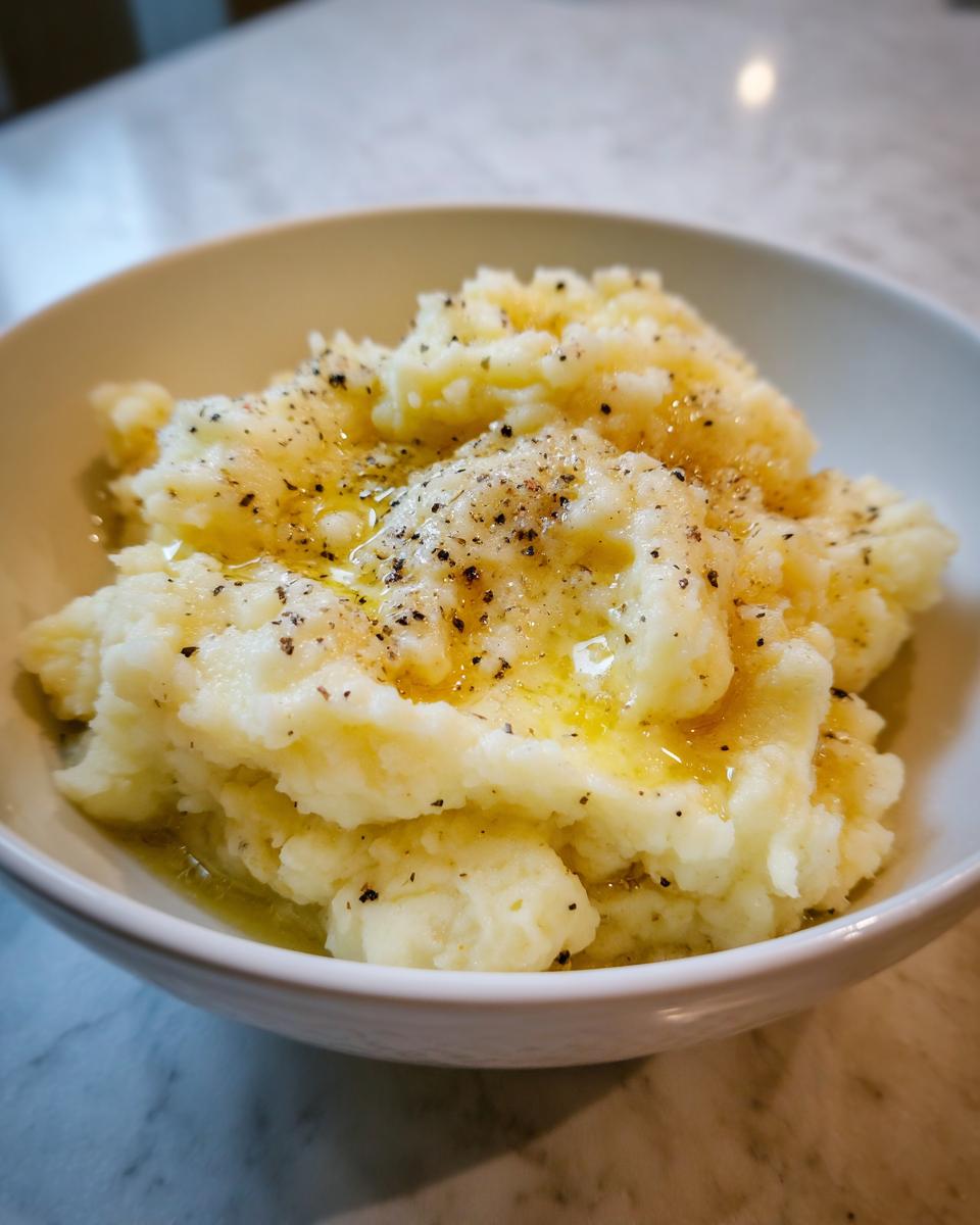 A close-up of creamy slow cooker mashed potatoes topped with melted butter and cracked black pepper.