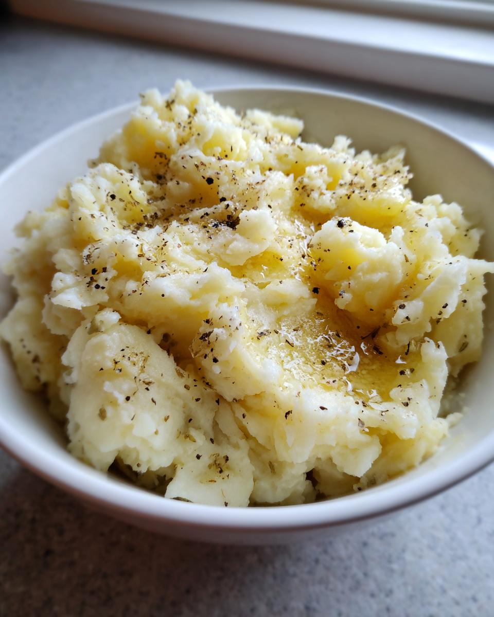 A close-up of creamy slow cooker mashed potatoes topped with melted butter and cracked black pepper.