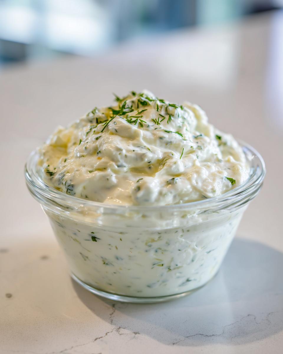 A close-up of creamy tartar sauce, garnished with fresh dill, served in a small glass bowl on a white countertop.