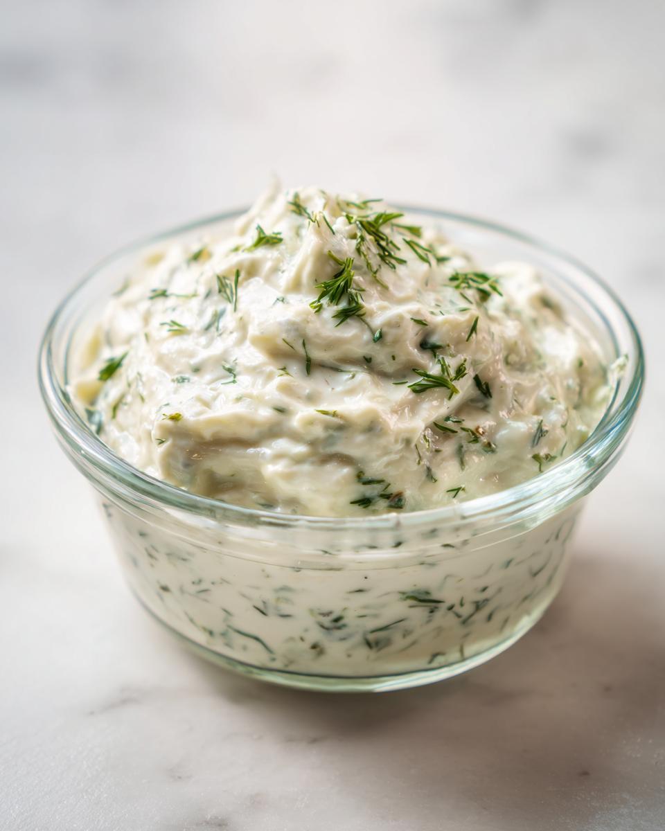 Close-up of creamy tartar sauce, flecked with green herbs like dill, served in a small clear glass bowl.