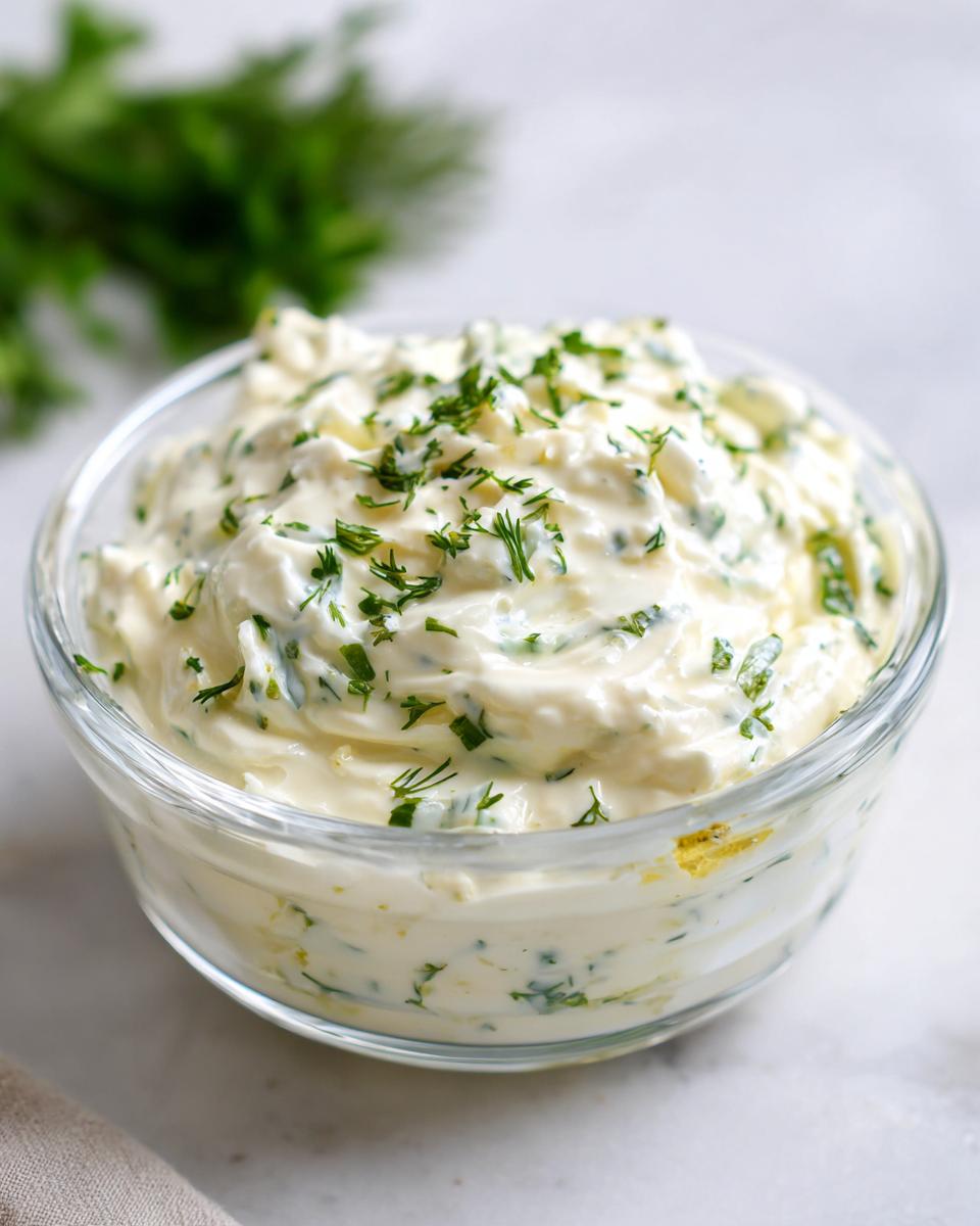 Close-up of creamy tartar sauce garnished with fresh chopped dill and parsley in a small glass bowl.