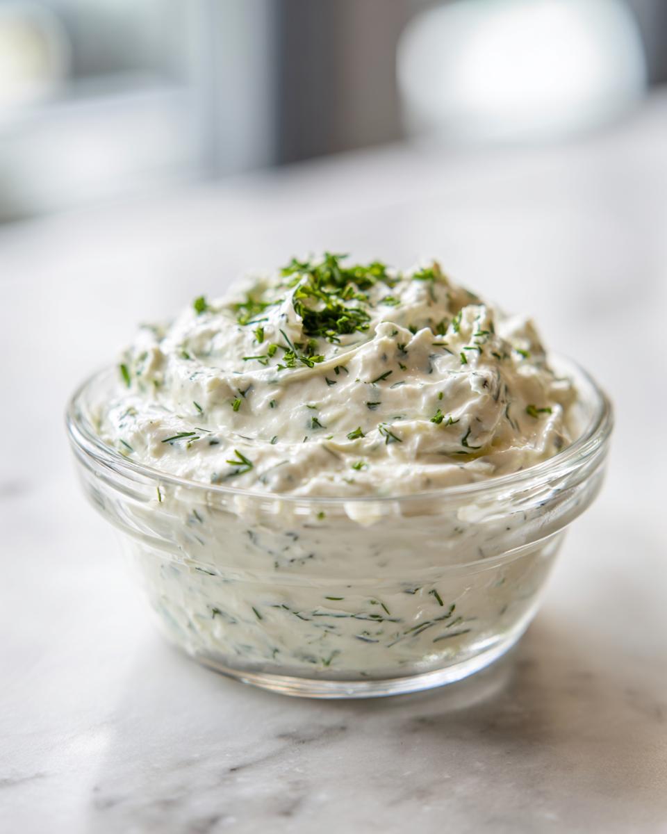 A small glass bowl filled with creamy, white tartar sauce mixed with green herbs, topped with fresh parsley.